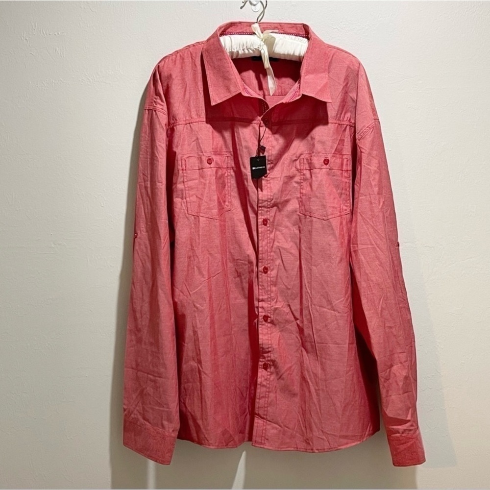 9K CLOTHING COMANY Men’s Red Woven Long Sleeve Roll Tab Sleeve Shirt 5XL